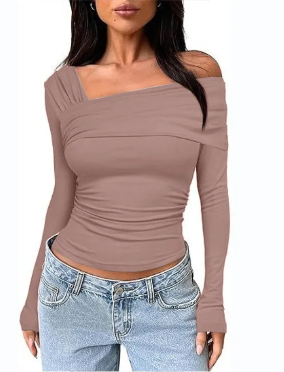 Fashionable Casual Women's Solid Color Single Shoulder Long Sleeved Top With Pleats For Outdoor Wear Slim Fit Y2K T-shirt Autumn - Image 9