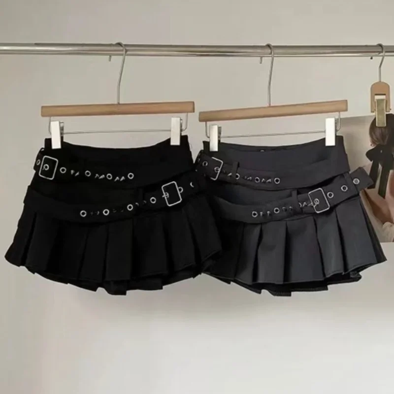 2025 Summer Korean Fashion Double Belt Pleated Mini Skirt Women Y2k Vintage Black Grey High Waisted 2000s Hot Girl Kpop Skirts - Image 4