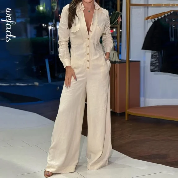 Wefads Women Jumpsuit Fashion Solid Long Sleeve Lapel Single Breasted Button Nipped Waist Wide Legs Long Jumpsuit Streetwear