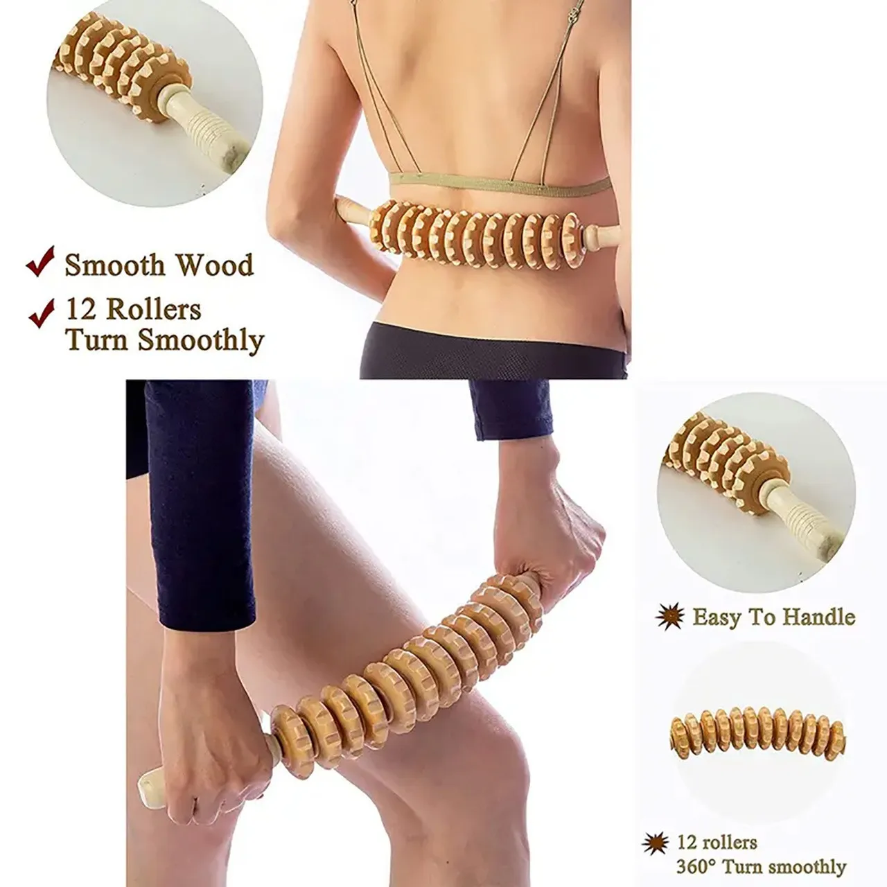 Body Fascia Massager Anti-slip Handle Wood Grooved Gear Arms Legs Thighs Buttocks Smooth Roller Massager for Back Relaxation - Image 2