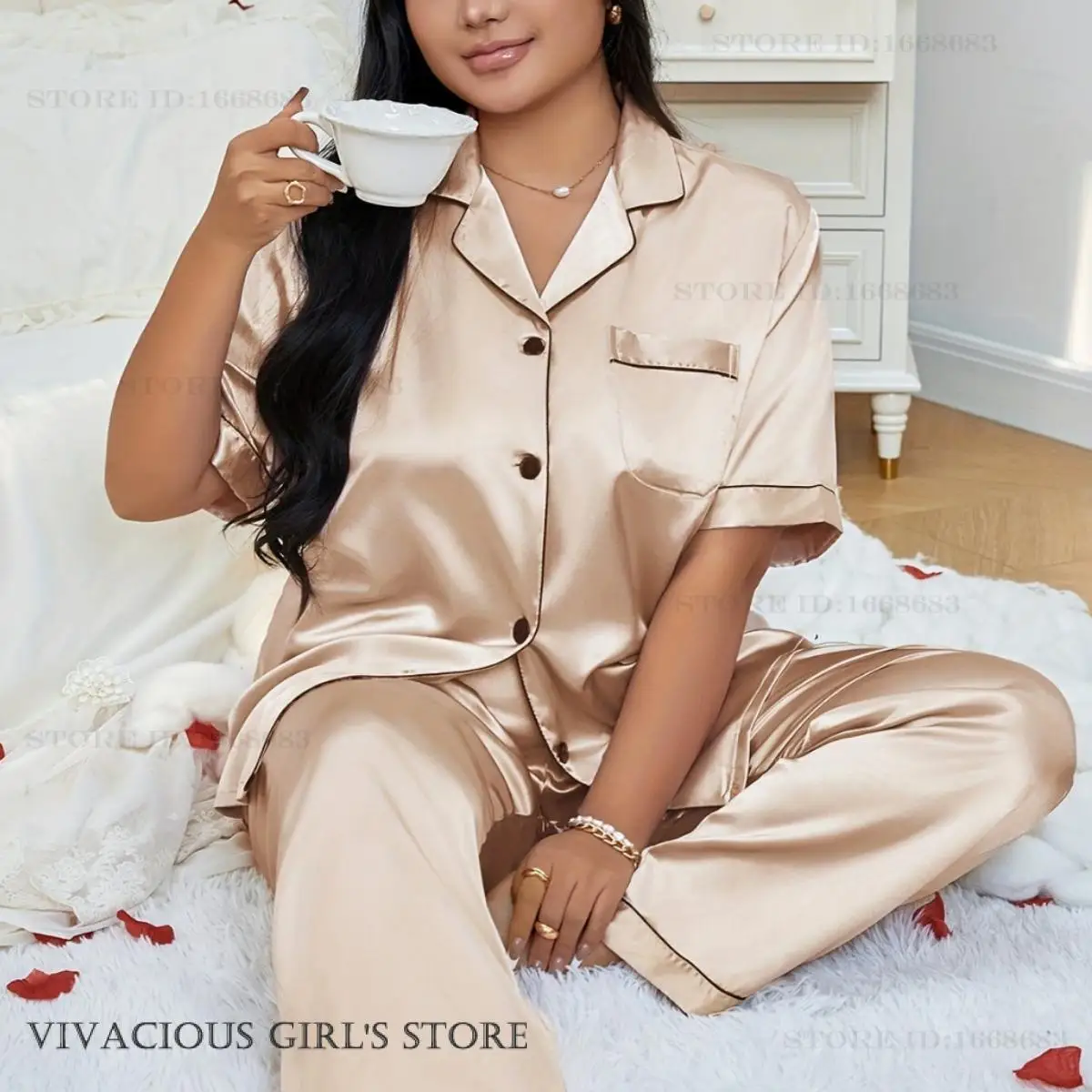 Plus Size 3XL 4XL 5XL Women's Sleepwear Pajamas Set Spring Summer Short Sleeve Trouser Suits Loungewear Loose Satin Homewear - Image 2