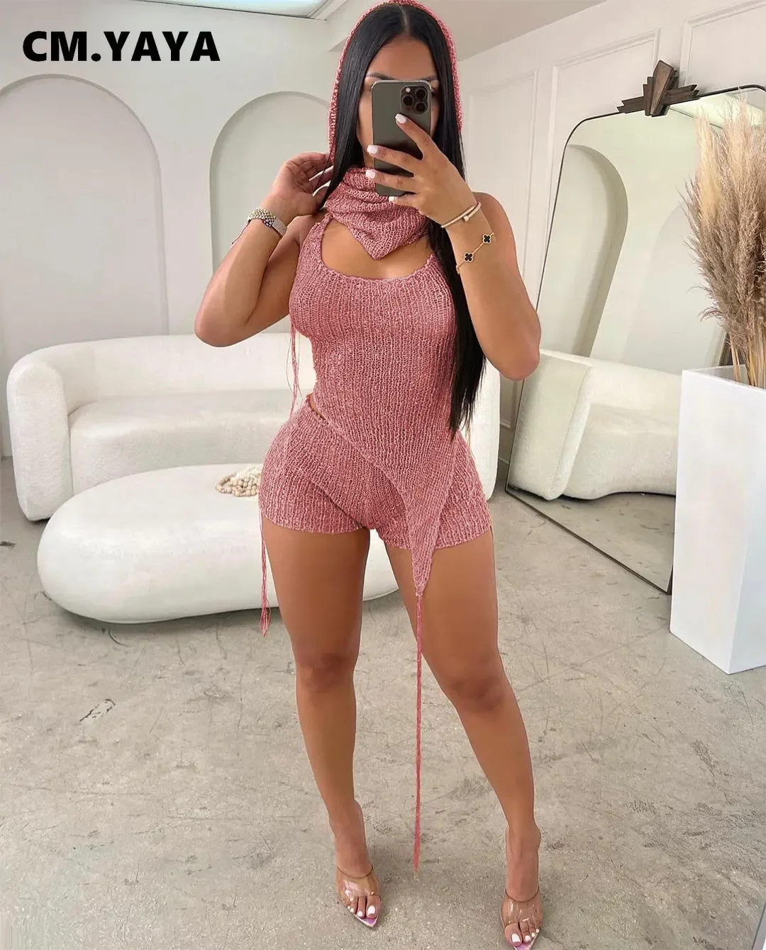 CM.YAYA Knit Ribbed Women's Set Halter Neck Backless Crop Top with Hat Shorts Suit 2023 Summer Two 2 Piece Set Outfit Tracksuit - Image 6