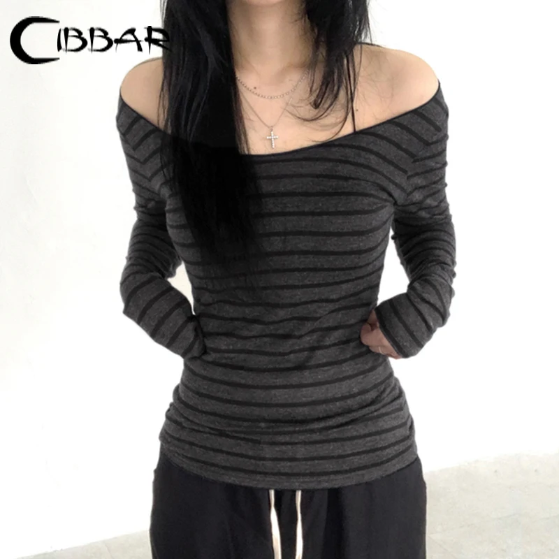 CIBBAR y2k Striped Print Crop Top Women Basic Autumn Winter Full Sleeve O Neck T-shirts Streetwear 90s Casual Tees Shirt Vintage