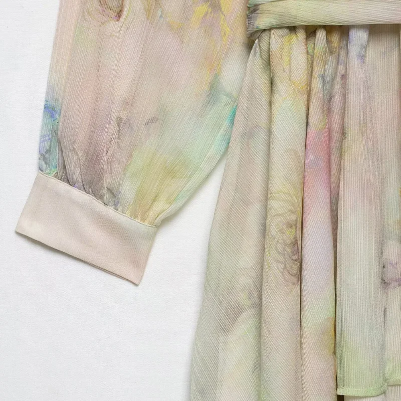 Willshela Women Fashion With Belt Printed Pleated Asymmetrical Mini Dress Vintage O-Neck Long Sleeves Female Chic Lady Dresses - Image 4