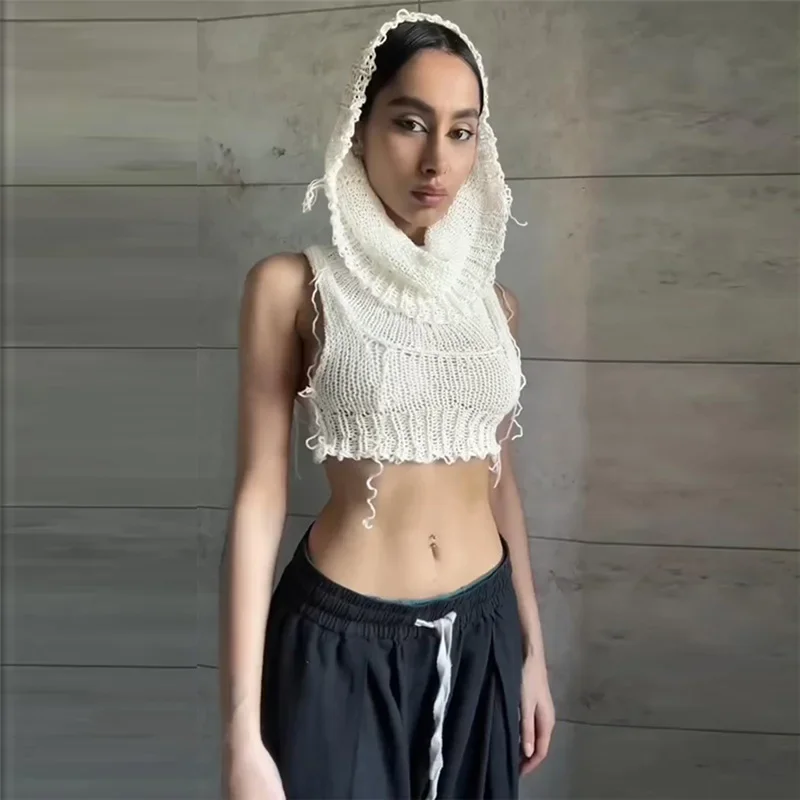 Knit Hooded Tank Top Y2K Women Solid Crochet Sleeveless Sexy Navel Camisole Stretch Skinny Street Hipster Wild Vest - Image 4