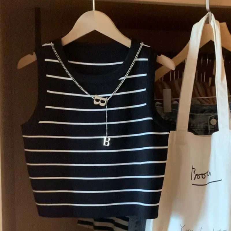2025 Basic Bottoming Striped Chain Elasticity Vests Women Tank & Camis Summer Wild Crop Short Tops New - Image 4