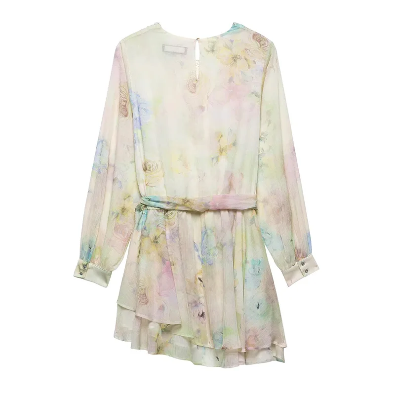 Willshela Women Fashion With Belt Printed Pleated Asymmetrical Mini Dress Vintage O-Neck Long Sleeves Female Chic Lady Dresses - Image 2