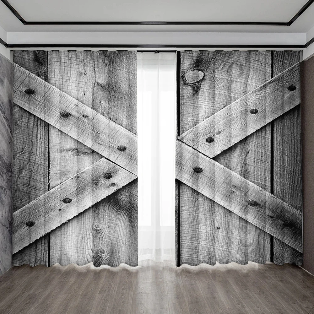 2PC Home Decoration Curtains, Retro Gray Brown Wooden Door With Rod Pocket Curtains, Kitchen, Coffee Shop, Living Room, Balcony - Image 4