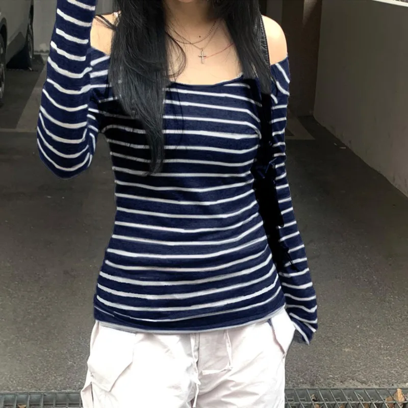 CIBBAR y2k Striped Print Crop Top Women Basic Autumn Winter Full Sleeve O Neck T-shirts Streetwear 90s Casual Tees Shirt Vintage - Image 5