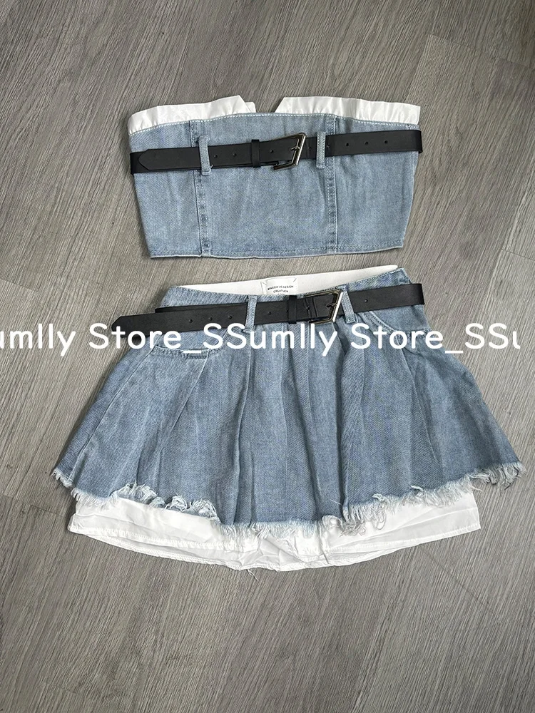 High Street Y2k Fashion Two Piece Set Women Retro Denim Long Sleeve Skirts Suit Korean Style Chic Set Short Vest + Mini Skirt - Image 6