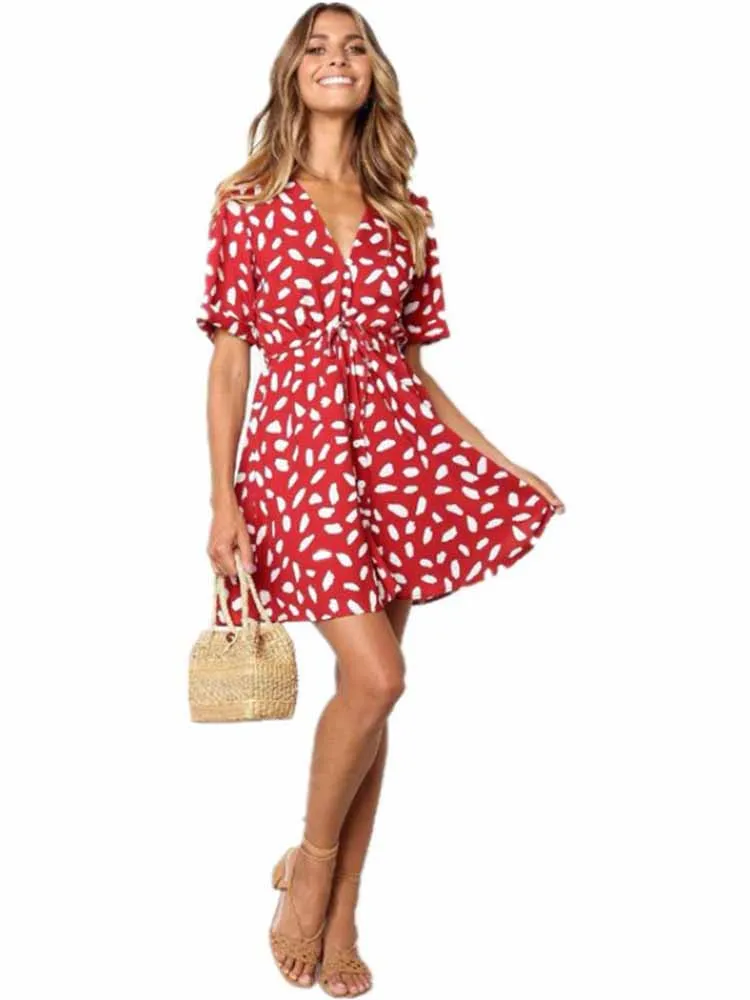White Sand Spot Mini Summer Dresses Women V Neck Casual Beach Sundress Sexy Botton Wrap Bodycon Dress Female - Image 7