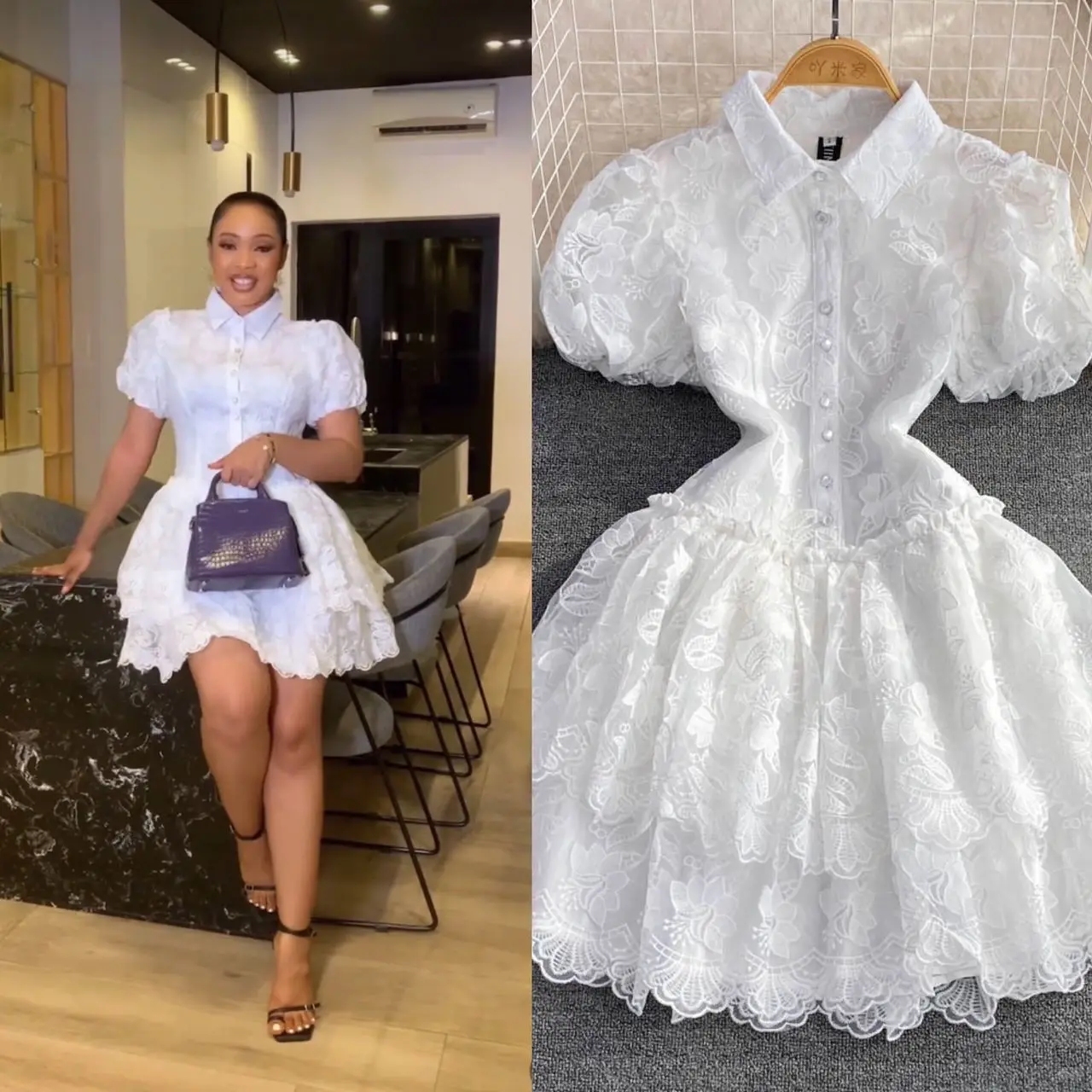 Short Dress Women Dresses Lace A Line Vestidos Turn Down Collar Puff Sleeve Slim White Single Breasted Elegant Y2k High Waist - Image 3