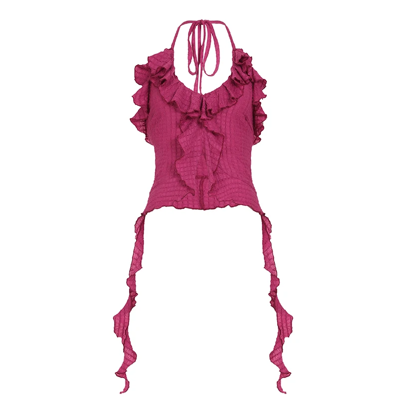 IAMHOTTY Ruffle Tie-up Halter-neck Top Pink Tassel Irregular Crop Top Coquette Aesthetic V-neck Texture Fabric Camisole Ladies - Image 5