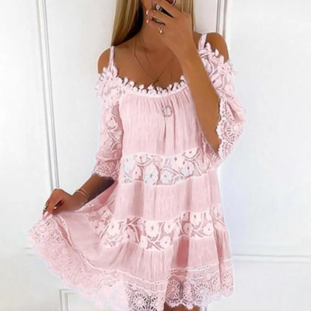 Embroidery Crochet Lace Cold Shoulder Mini Dress Women Scoop Neck Half Sleeves Mid-Rise Loose Fit Summer Dress Lady Beach Dress - Image 6