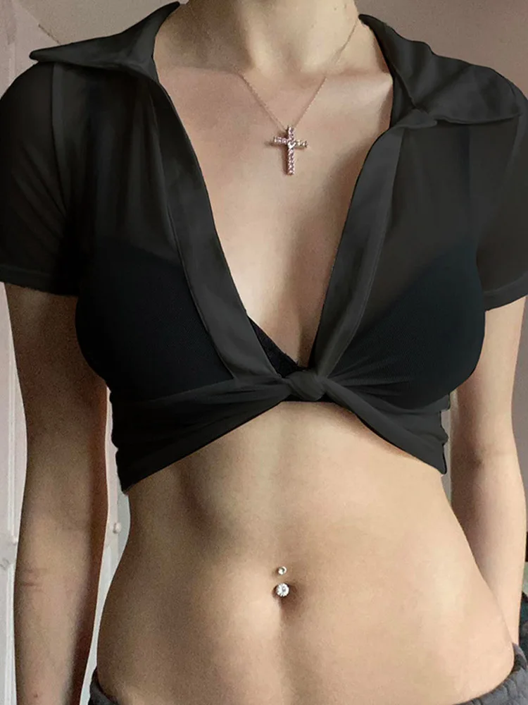 Transparent Mesh Crop Top Short Sleeve Split See Through T Shirt Wome Club Party Sexy V Neck Tees Streetwear y2k Casual - Image 4