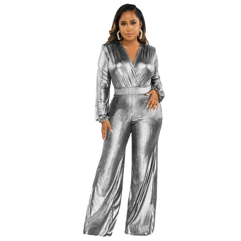 Glitter Metallic Party Nightclub Jumpsuit Women 2023 Autumn Elegant Long Sleeve High Waist Wide Leg Trousers Romper For Women - Image 2