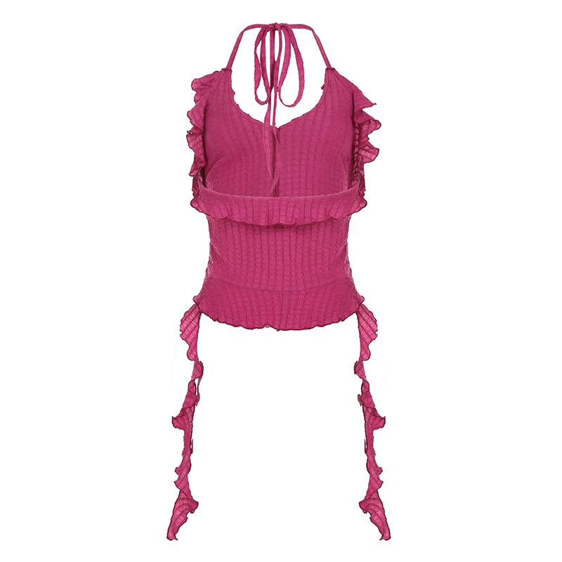IAMHOTTY Ruffle Tie-up Halter-neck Top Pink Tassel Irregular Crop Top Coquette Aesthetic V-neck Texture Fabric Camisole Ladies - Image 6