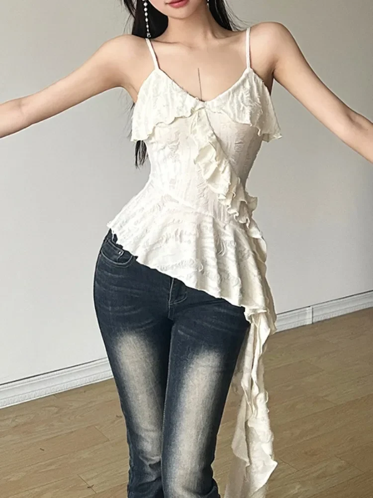 2024 Streetwear Irregular Ruffled Women Backless Camisole Vintage Solid Hole Tanks Summer Grunge Sexy Y2k Aesthetic Long Tops