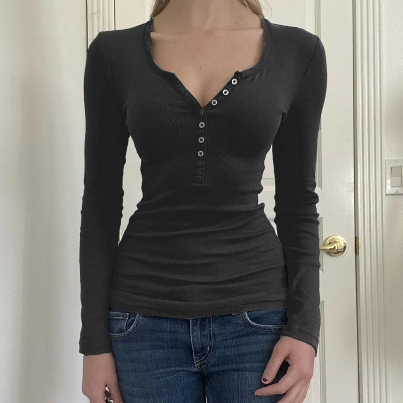 2000s Vintage Y2K Women Basic Crop Top Fairy Grunge Long Sleeve Button Slim Fit Brown Tee Harajuku Aesthetic T-shirt Streetwear - Image 8