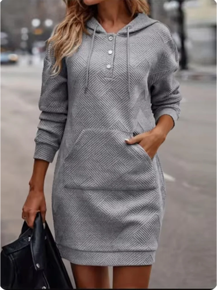 Button Hooded Pocket Pullover Top Women's High Street Casual Comfortable Autumn Winter Solid Color Mini Dress - Image 5