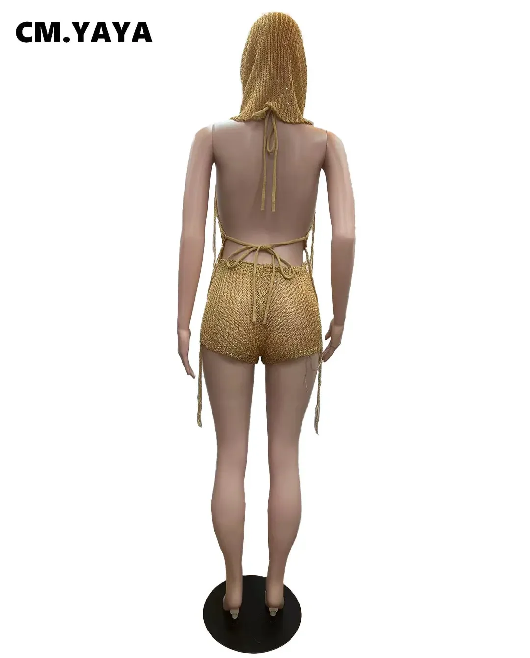 CM.YAYA Knit Ribbed Women's Set Halter Neck Backless Crop Top with Hat Shorts Suit 2023 Summer Two 2 Piece Set Outfit Tracksuit - Image 4