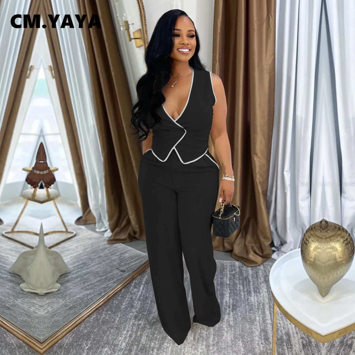CM.YAYA Fashion Women's Set Strapless Vest Tops and Wide Leg Pants Suit 2025 Summer Street Two 2Piece Sets Outfit Tracksuit - Image 2