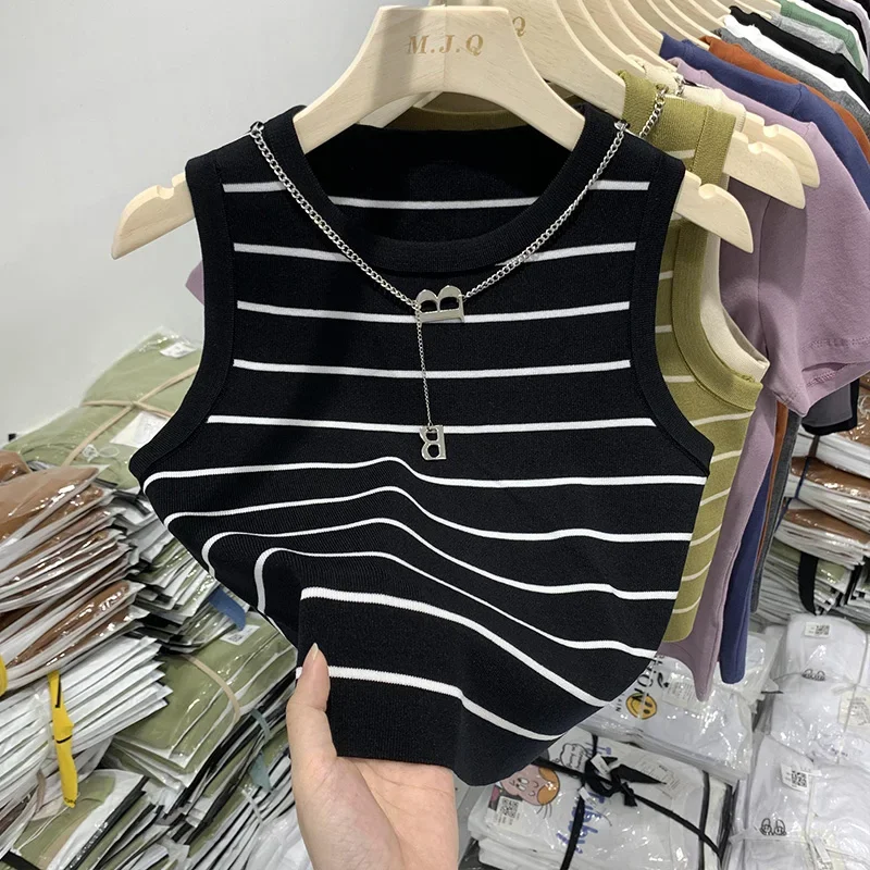 2025 Basic Bottoming Striped Chain Elasticity Vests Women Tank & Camis Summer Wild Crop Short Tops New - Image 8