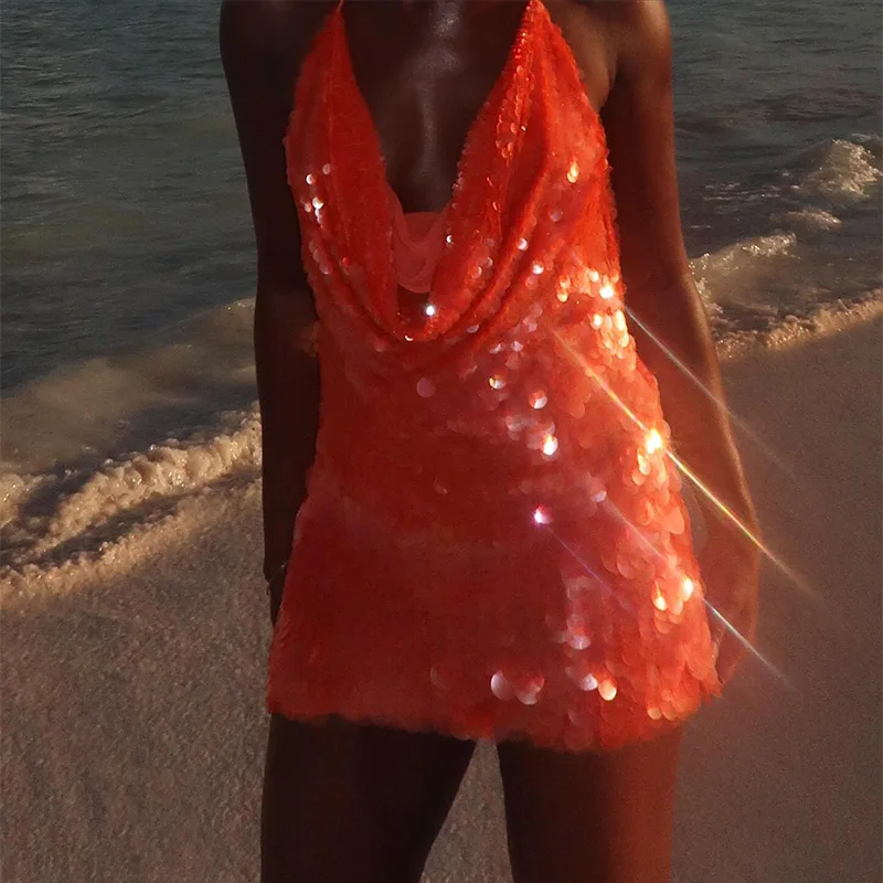 Fashion Halter Sequin Mini Dress Women V-neck Sleeveless Lace Up Backless Pleated Dresses 2025 Summer Chic Lady Beach Vestidos - Image 7