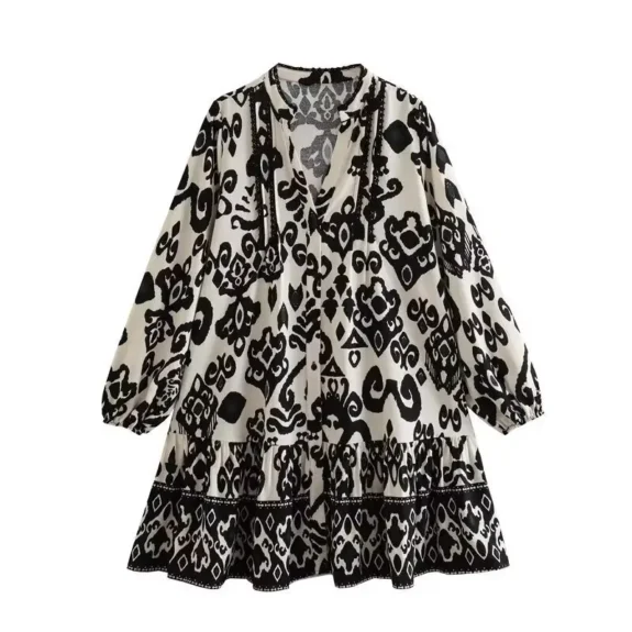 Retro Printed Mini Dress V-neck Long Sleeve 2025 Spring And Summer New Women's Dresses