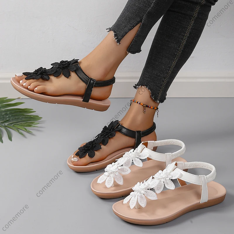 Fashion Shoes Woman White Floral Sandals Women's Clip Toe Sandals Flat Summer Casual Bohemia Flowers Slip on Beach Ladies Shoes - Image 6