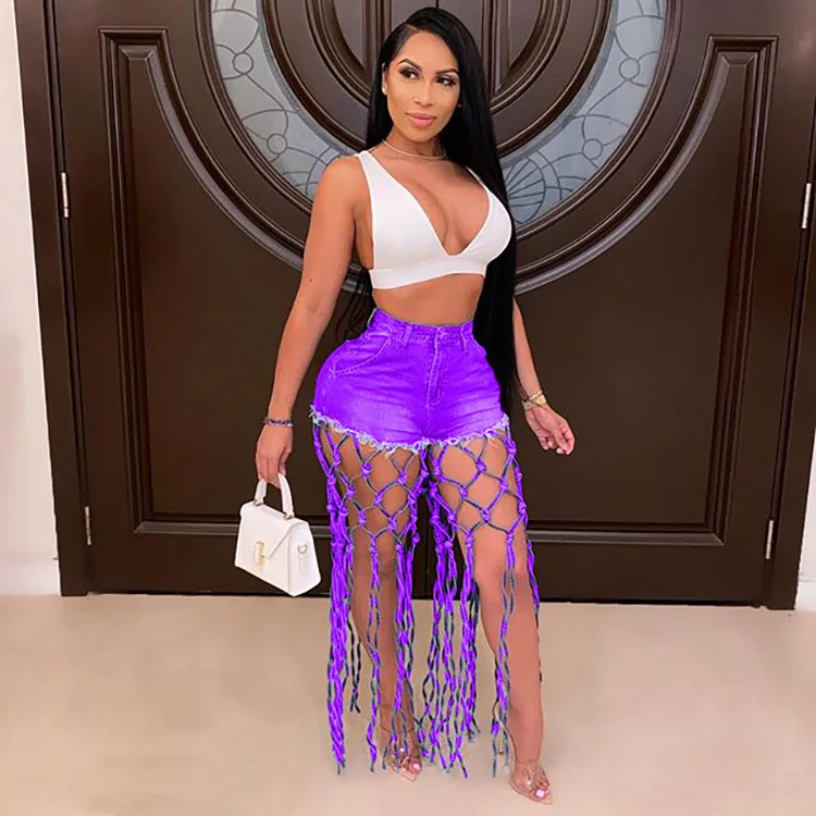 High Waist Denim Shorts Women Tassels Short Jeans Splice Button Pockets Strwwtear Shorts Hot Pant Solid Lady Summer Beach - Image 6