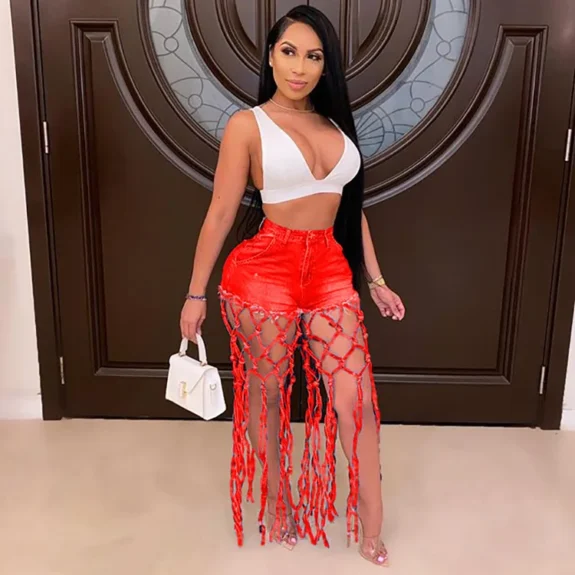 High Waist Denim Shorts Women Tassels Short Jeans Splice Button Pockets Strwwtear Shorts Hot Pant Solid Lady Summer Beach