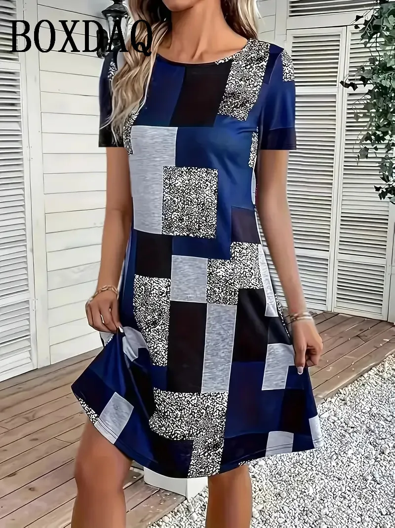 Plus Size Women Dress Casual Streetwear Clothing Short Sleeve Grid Print Loose Mini Dress 1XL-9XL Large Size O-Neck Summer Dress - Image 4