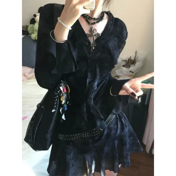 Y2K Ruffles Mini Dress Women Harajuku Vintage Bandage Dresses Summer Gothic Aesthetic Sexy V Neck Long Sleeve Bodycon Vestidos