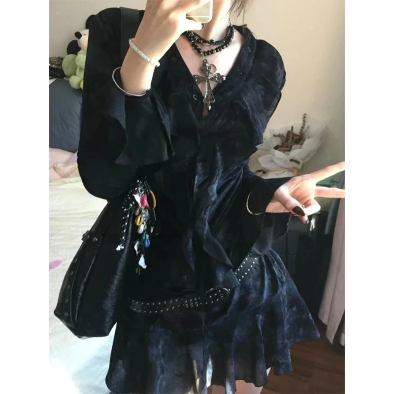 Y2K Ruffles Mini Dress Women Harajuku Vintage Bandage Dresses Summer Gothic Aesthetic Sexy V Neck Long Sleeve Bodycon Vestidos