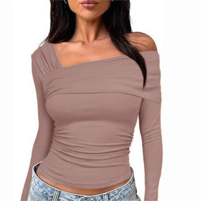 Fashionable Casual Women's Solid Color Single Shoulder Long Sleeved Top With Pleats For Outdoor Wear Slim Fit Y2K T-shirt Autumn - Image 3