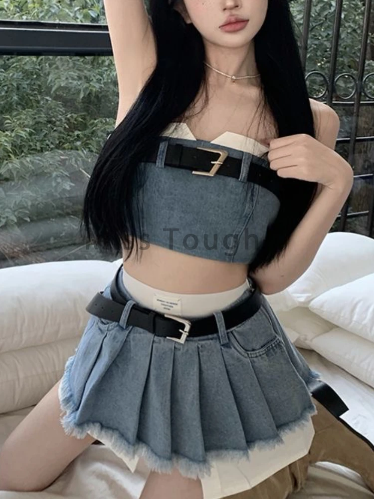 High Street Y2k Fashion Two Piece Set Women Retro Denim Long Sleeve Skirts Suit Korean Style Chic Set Short Vest + Mini Skirt - Image 4