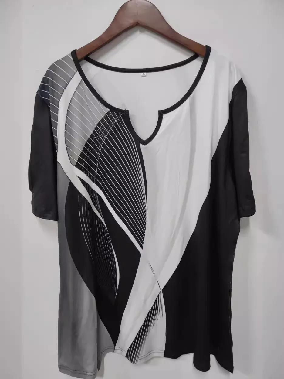 2024 new plus size women's black and white color matching printed V-neck off-the-shoulder large size casual T-shirt woman - Image 3