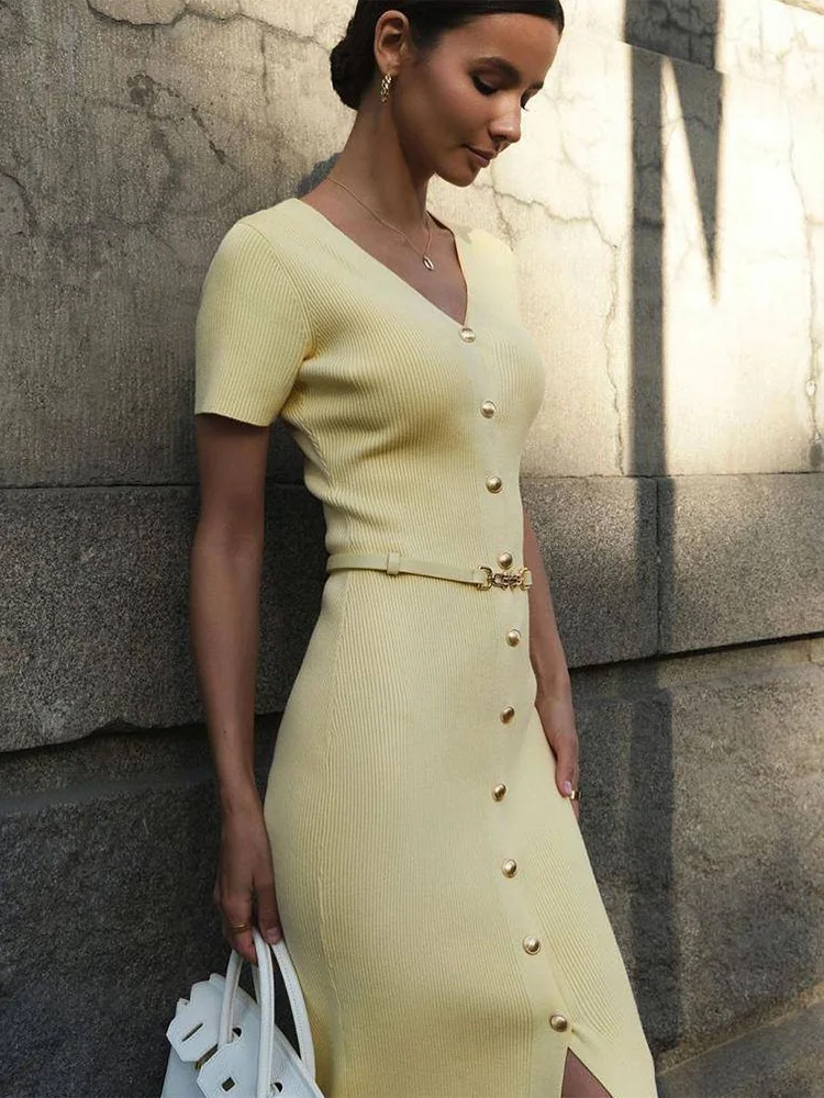 Trendix Women Vintage Knit Dress Summer High Waist Slim Side Short Sleeve Maxi Dresses Party Club Knitwear Elegant Evening Dress - Image 2