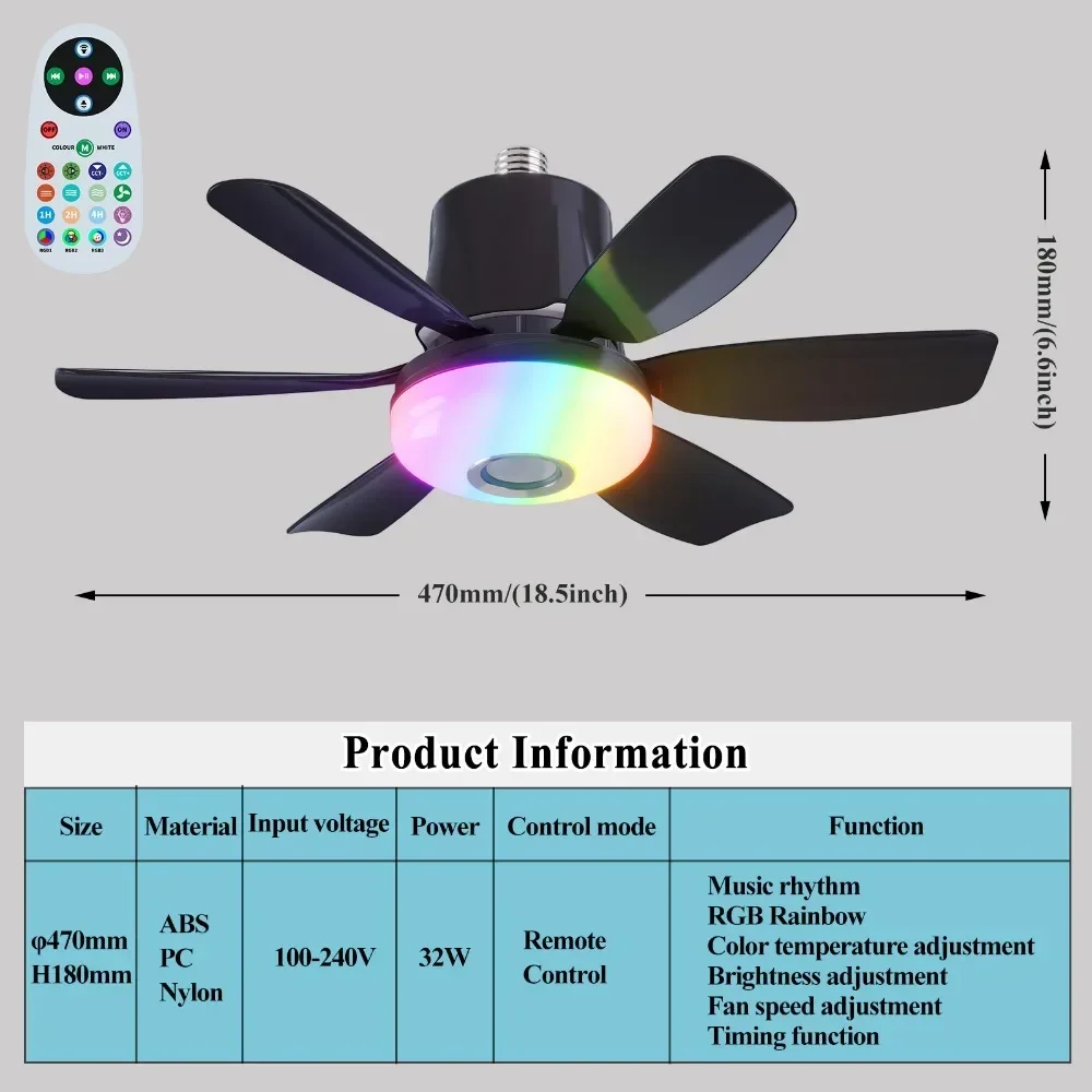 RGB Ceiling Fan Light with Bluetooth Music Remote Control LED Electric Cordless Fan Eye Protection Speed Adjustable for Bedroom - Image 7