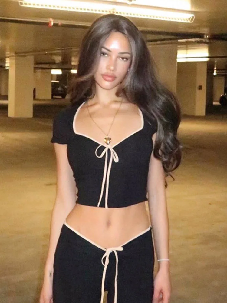 Y2k Summer Crop Top Bow Baby Tees Womens Clothes 2023 Chic Cute Low Cut Short Sleeve T Shirts Blackc - Image 3