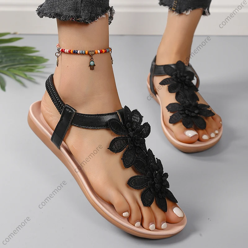 Fashion Shoes Woman White Floral Sandals Women's Clip Toe Sandals Flat Summer Casual Bohemia Flowers Slip on Beach Ladies Shoes - Image 5