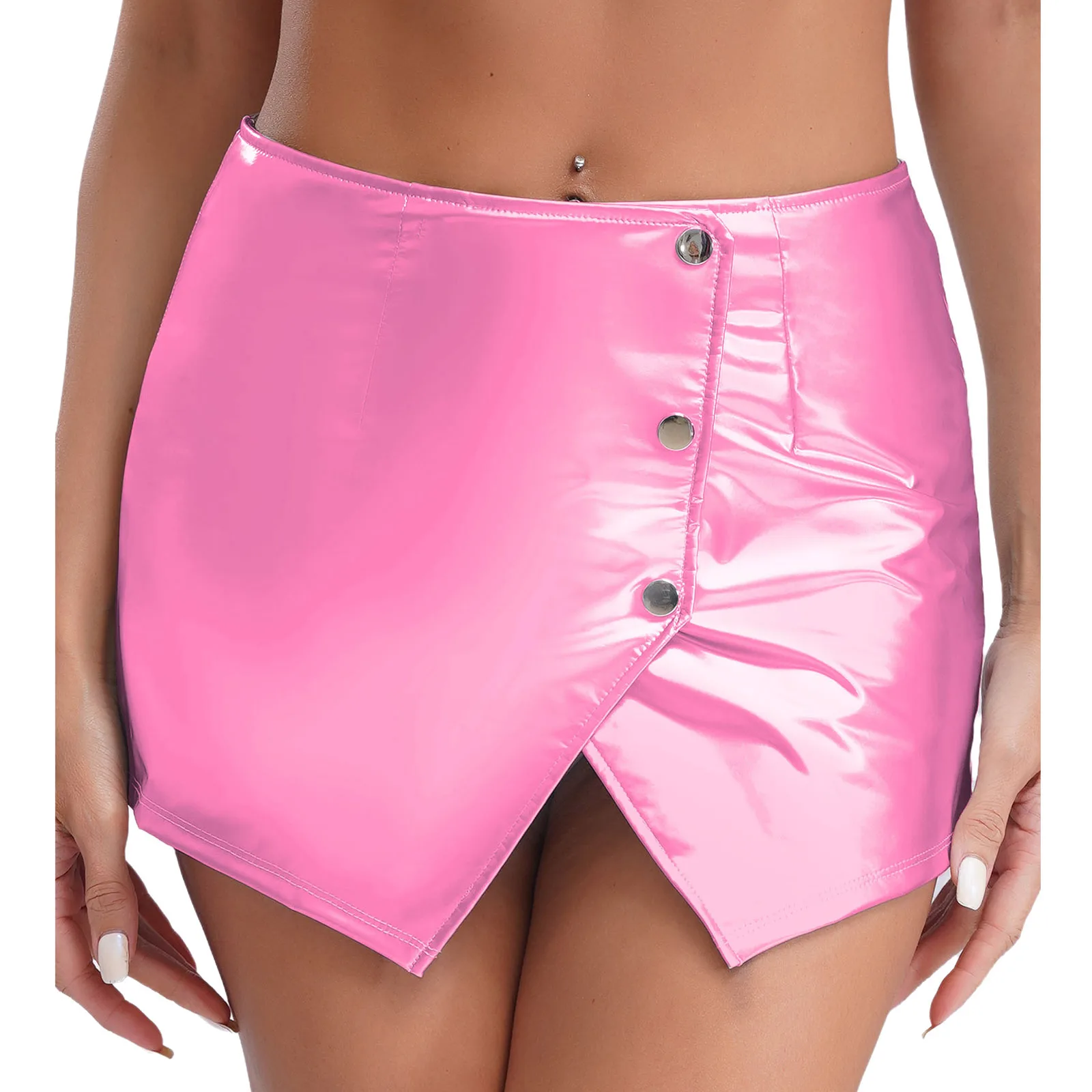 Womens Metallic Sexy Front Split Latex Mini Skirt Shiny Short Skirt Bar Clubwear Holographic Buttons Back Zipper Club Skirts - Image 3