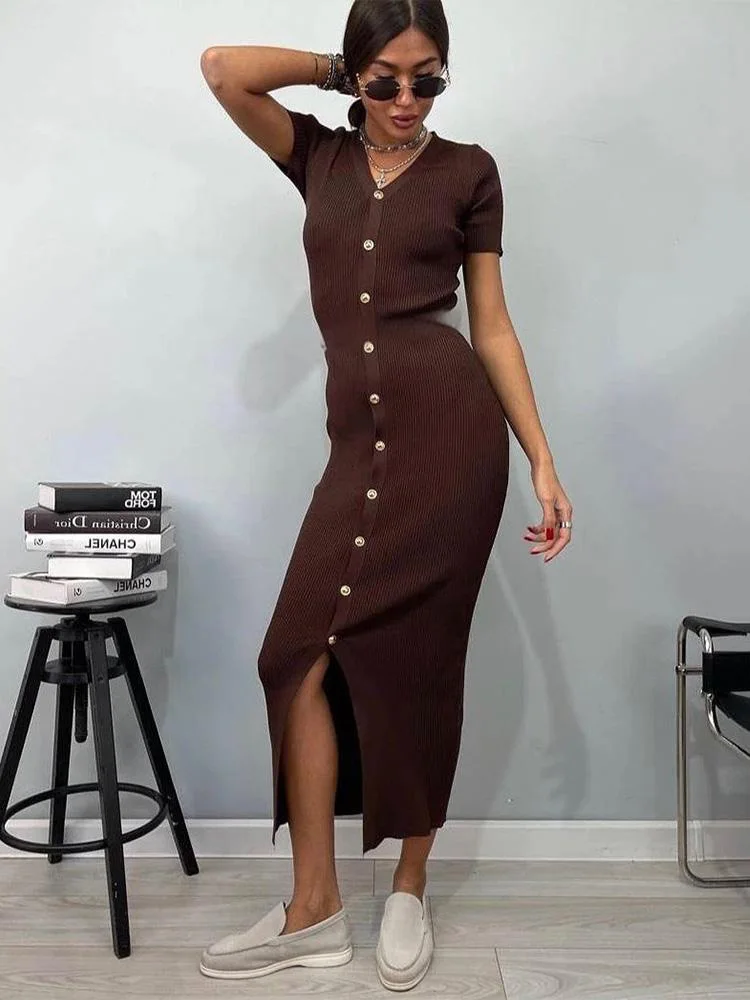 Trendix Women Vintage Knit Dress Summer High Waist Slim Side Short Sleeve Maxi Dresses Party Club Knitwear Elegant Evening Dress - Image 8