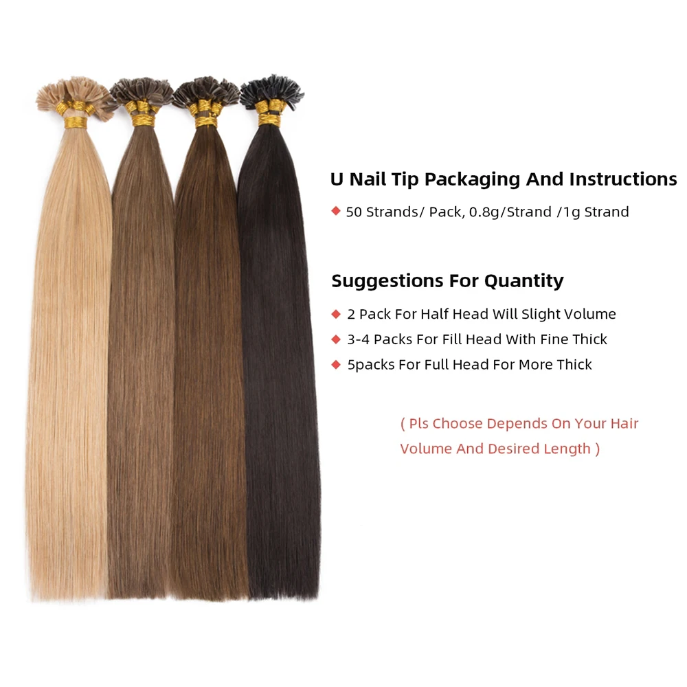 Nail U Tip Straight Hair Extensions Human Hair Machine Made Brazilan Remy Keratin Fusion Hair 0.8g/Pc Ombre Natural Color - Image 3